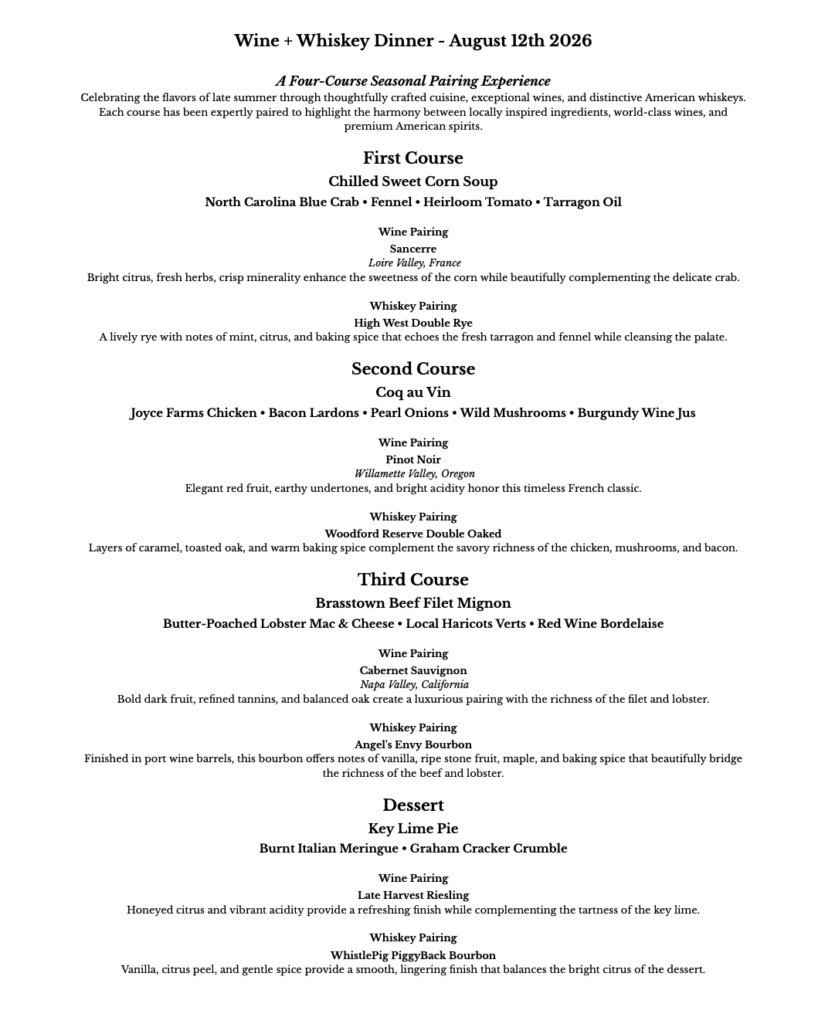 Wine & Whiskey Pairing Dinner | Claywood Hendersonville NC